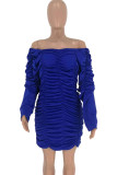 Navy Blue Sexy Bubble sleeves Long Sleeves V Neck Asymmetrical Knee-Length asymmetrical Solid Patchw