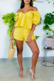 Yellow Casual Solid Backless Off the Shoulder Short Sleeve Two Pieces