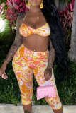 Yellow Sexy Print Patchwork Spaghetti Strap Sleeveless Two Pieces