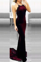 Wine Red Polyester Sexy Off The Shoulder Sleeveless Halter Neck Step Skirt Floor-Length backless bandage Soli