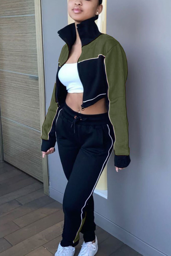 Army Green Sportswear Solid Patchwork Turtleneck Long Sleeve Two Pieces