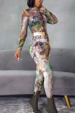 Grey Sexy Print Patchwork Turtleneck Long Sleeve Two Pieces