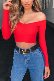 White Red Black Blue Pink Orange One word collar Long Sleeve Solid Tops