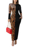 Yellow Street Long Sleeves O neck Pencil Dress Ankle-Length Leopard Colouring Dresses