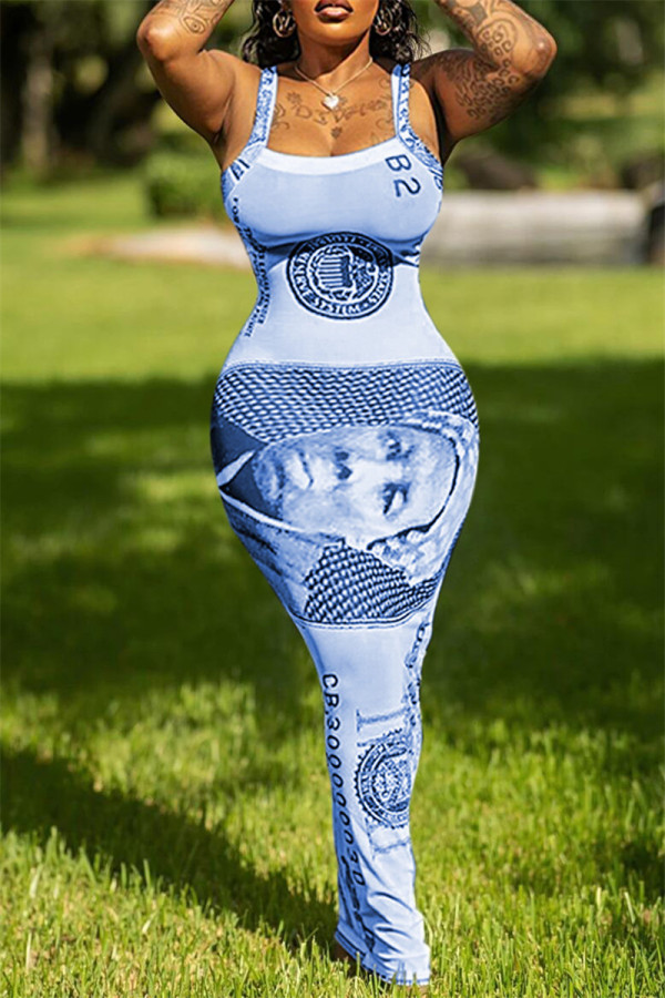 Blue Sexy Casual Print Backless Square Collar Sling Dress