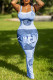 Blue Sexy Casual Print Backless Square Collar Sling Dress