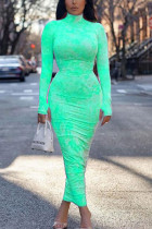 Mint green Polyester OL Long Sleeves Turtleneck Hip skirt Ankle-Length Print Draped Dresses