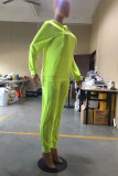 Fluorescent Green Daily Solid Embroidered Hooded Collar Long Sleeve Two Pieces