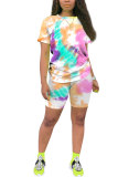 Multi-color Polyester Fashion Active Casual Patchwork Print Tie Dye Straight Short Sleeve Two Pieces