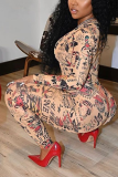 Khaki Sexy Print Patchwork Zipper Collar Skinny Jumpsuits