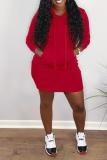 Red Street Solid Draw String Hooded Collar Wrapped Skirt Dresses
