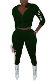 Dark green Fashion Street Adult Cotton Solid Embroidered Split Joint O Neck Long Sleeve Regular Sleeve Regular Two Pieces