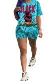 Blue Polyester Fashion Casual Letter Patchwork Print Tie Dye Two Piece Suits pencil Short Sleeve Two Pieces