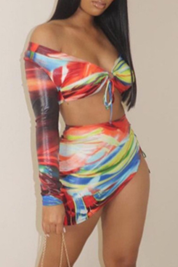 Colour Fashion Sexy Print Asymmetrical V Neck Long Sleeve Two Pieces