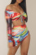 Colour Fashion Sexy Print Asymmetrical V Neck Long Sleeve Two Pieces