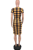 Black Yellow Fashion Casual Patchwork Print Basic V Neck Short Sleeve Dress