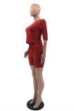 Red Fashion Casual Solid Basic V Neck Half Sleeve Two Pieces
