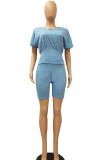Light Blue Cotton Fashion Casual adult Ma'am Patchwork Solid Two Piece Suits pencil Short Sleeve Two Pieces