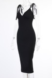 Black Sexy Solid Tassel Frenulum Asymmetrical Spaghetti Strap Sleeveless Dress Dresses