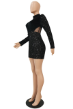 Red Sexy Patchwork Sequins Mesh Turtleneck Wrapped Skirt Dresses