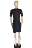 Black Fashion Sexy Solid Hollowed Out O Neck Short Sleeve Dress