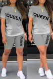Blue Fashion Casual Gradual Change Letter Print Basic Short Sleeve Two Pieces