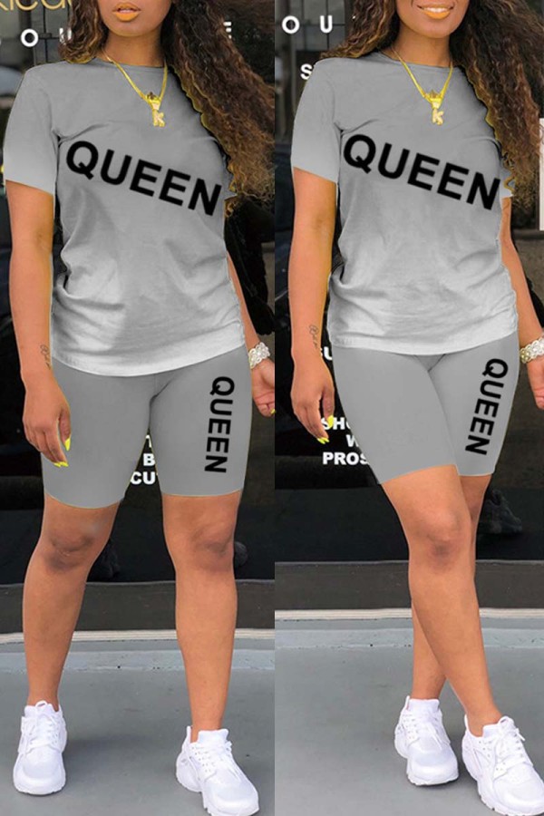 Grey Fashion Casual Gradual Change Letter Print Basic Short Sleeve Two Pieces