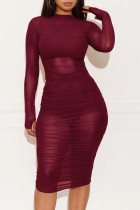Wine Red Cap Sleeve Long Sleeves O neck Pencil Dress Knee-Length Patchwork Print Dresses