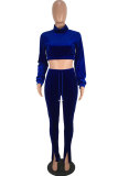 Blue Polyester Drawstring Long Sleeve Mid Solid Pants Two-piece suit