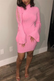 Pink Fashion Casual Solid Strap Design Turtleneck Long Sleeve Dress Dresses
