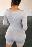 Grey Fashion Casual Solid Basic Zipper Collar Long Sleeve Skinny Romper