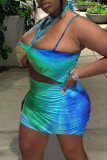Blue Fashion Sexy Print Hollowed Out Backless Spaghetti Strap Sleeveless Dress