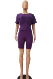 purple Cotton Fashion Casual adult Ma'am Patchwork Solid Two Piece Suits pencil Short Sleeve Two Pieces