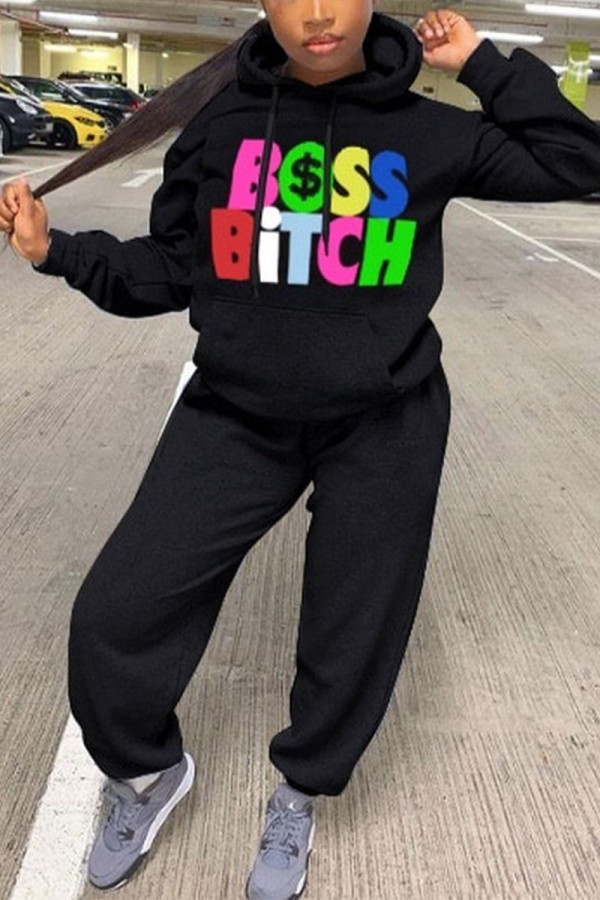 Black British Style Print Letter Hooded Collar Long Sleeve Two Pieces