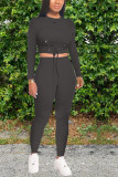 Black Polyester Casual Solid Straight Long Sleeve Two Pieces