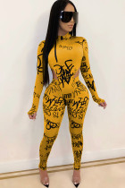 Yellow Milk Silk Sexy Print Two Piece Suits pencil Long Sleeve