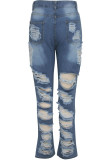 Blue Denim Zipper Fly Button Fly Mid Pocket washing Hole Zippered pencil Pants Pants