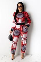 Red Polyester Casual Fashion adult Patchwork Two Piece Suits Print pencil Long Sleeve Two-piece Pants S