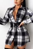 Red Blue Casual Plaid Patchwork Turndown Collar Pencil Skirt Dresses
