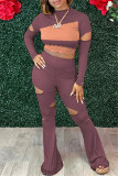 Purplish Red Fashion Casual Patchwork Ripped O Neck Long Sleeve Two Pieces