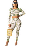 Cream white venetian Sexy Two Piece Suits Print pencil Long Sleeve Two-piece Pants Set