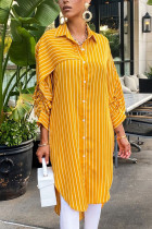 Yellow Elegant Polyester Striped Fold Turndown Collar Outerwear