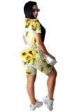 Yellow Polyester Fashion Casual adult Patchwork Print Two Piece Suits Straight Short Sleeve Two Pieces