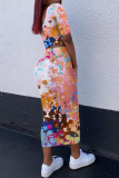 Yellow Sexy Print Patchwork Square Collar Half Sleeve Two Pieces