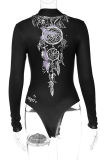 Black Sexy Print Patchwork Half A Turtleneck Skinny Bodysuits