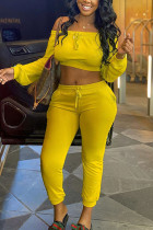 Yellow Polyester Fashion Sexy adult Ma'am Solid Two Piece Suits pencil Long Sleeve Two Pieces