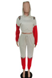 Red Fashion Casual Patchwork Solid Ripped Patchwork Pants Hooded Collar Long Sleeve Regular Sleeve Short Two Pieces