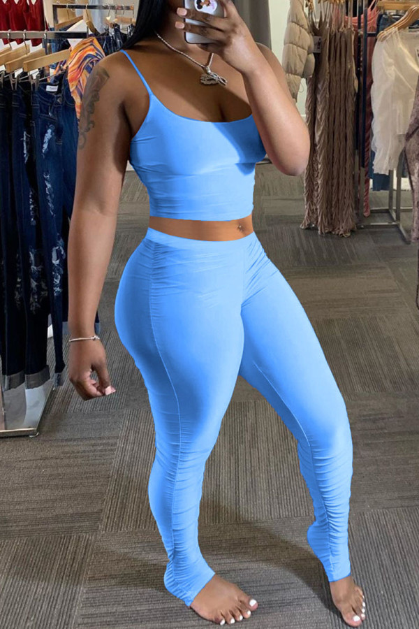Light Blue Sexy Solid pencil Sleeveless Two Pieces