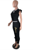 Black Fashion Casual Letter Print With Bow O Neck Skinny Jumpsuits