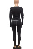 Black Street Sportswear Polyester Solid U Neck Long Sleeve Flare Sleeve Short Two Pieces